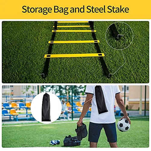 1/2/4 Pack Agility Ladder Set, 8 Rungs/12 Rungs Agility Ladder Set, Speed Training Ladder with Steel Stakes and Carry Bag for Soccer, Speed Fitness Feet Training(2 Pack, 12 Rungs)