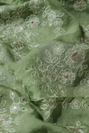 1.25 Meter Cut Piece Of White Thread With Gold Sequins Floral Embroidery On Viscose Olive Organza Fabric