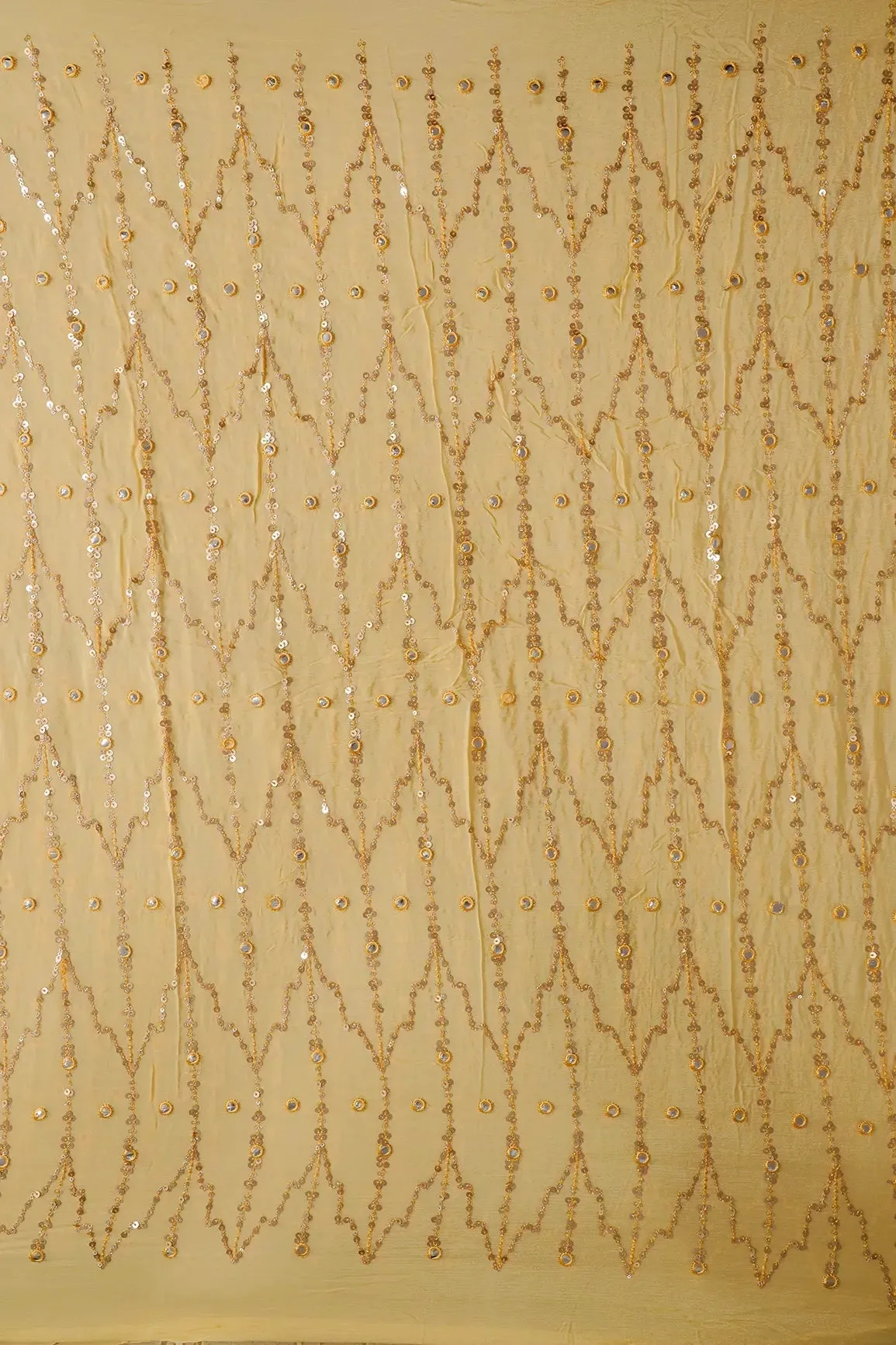 1.50 Meter Cut Piece Of Gold Sequins With Yellow Thread Faux Mirror Embroidery Work On Yellow Chinnon Chiffon Fabric