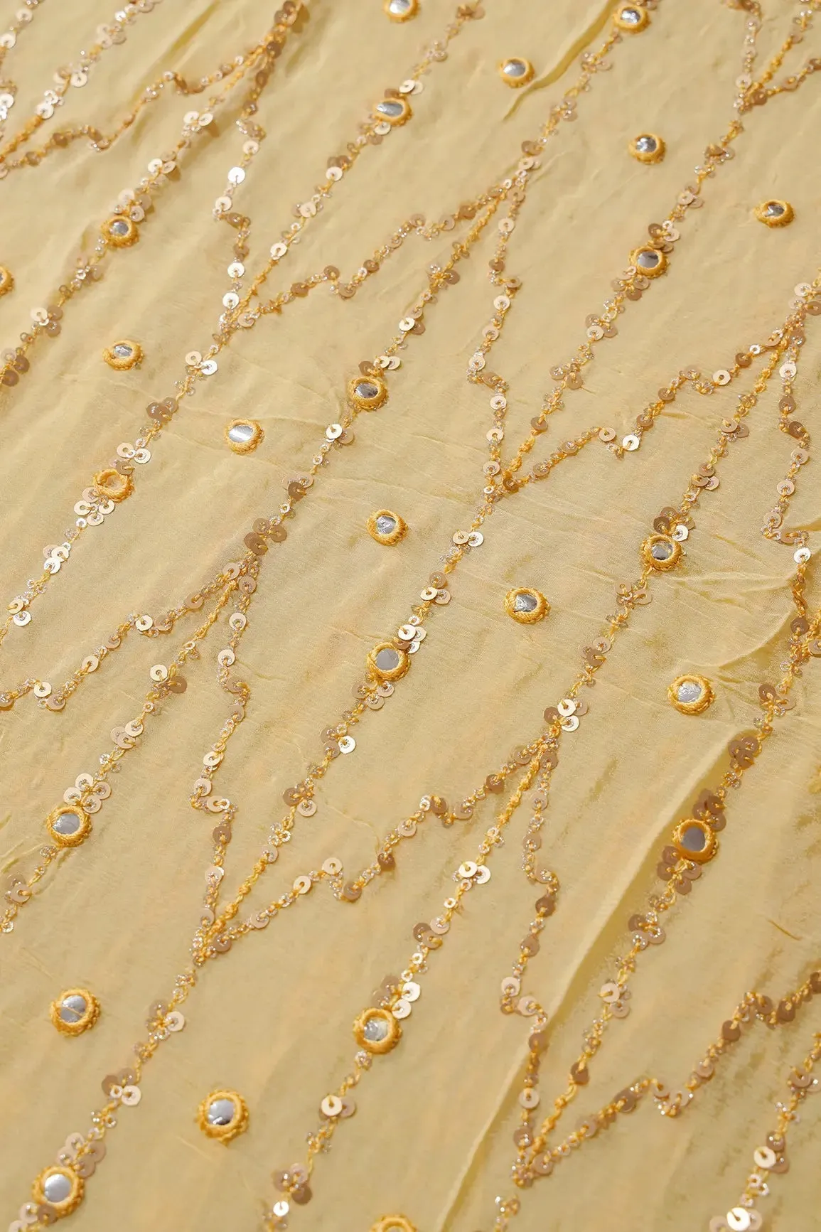 1.50 Meter Cut Piece Of Gold Sequins With Yellow Thread Faux Mirror Embroidery Work On Yellow Chinnon Chiffon Fabric