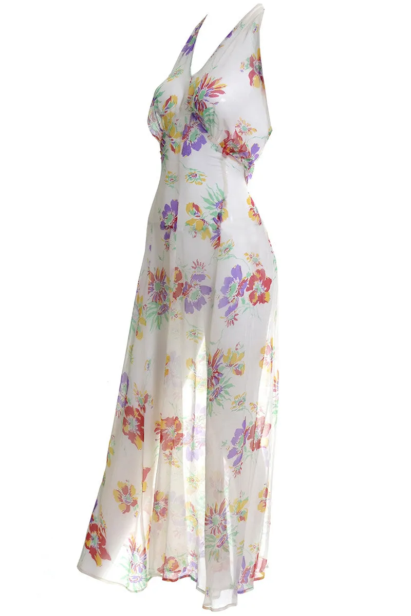 1930's Floral Silk Chiffon Peek a Boo Back Vintage Dress & Bolero Jacket