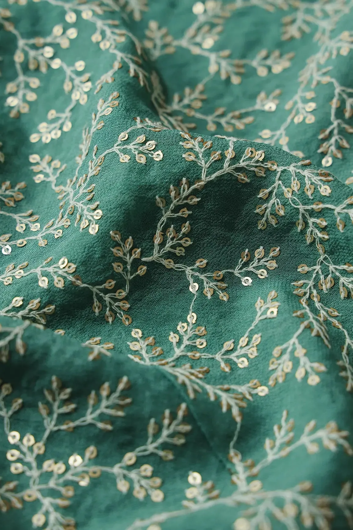 2 Meter Cut Piece Of White Thread With Gold Sequins Leafy Embroidery On Teal Georgette Fabric