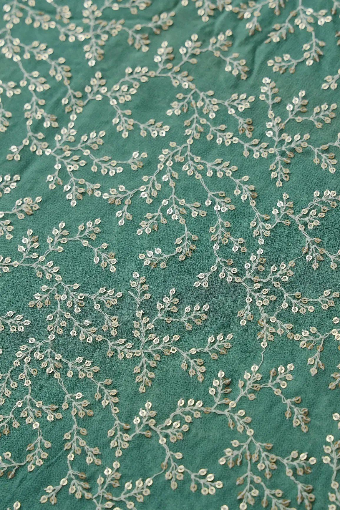 2 Meter Cut Piece Of White Thread With Gold Sequins Leafy Embroidery On Teal Georgette Fabric