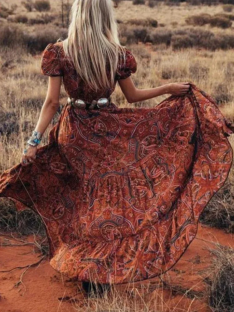 2024 Elegant High-Waist Bohemian Floral Print Maxi Boho Dress