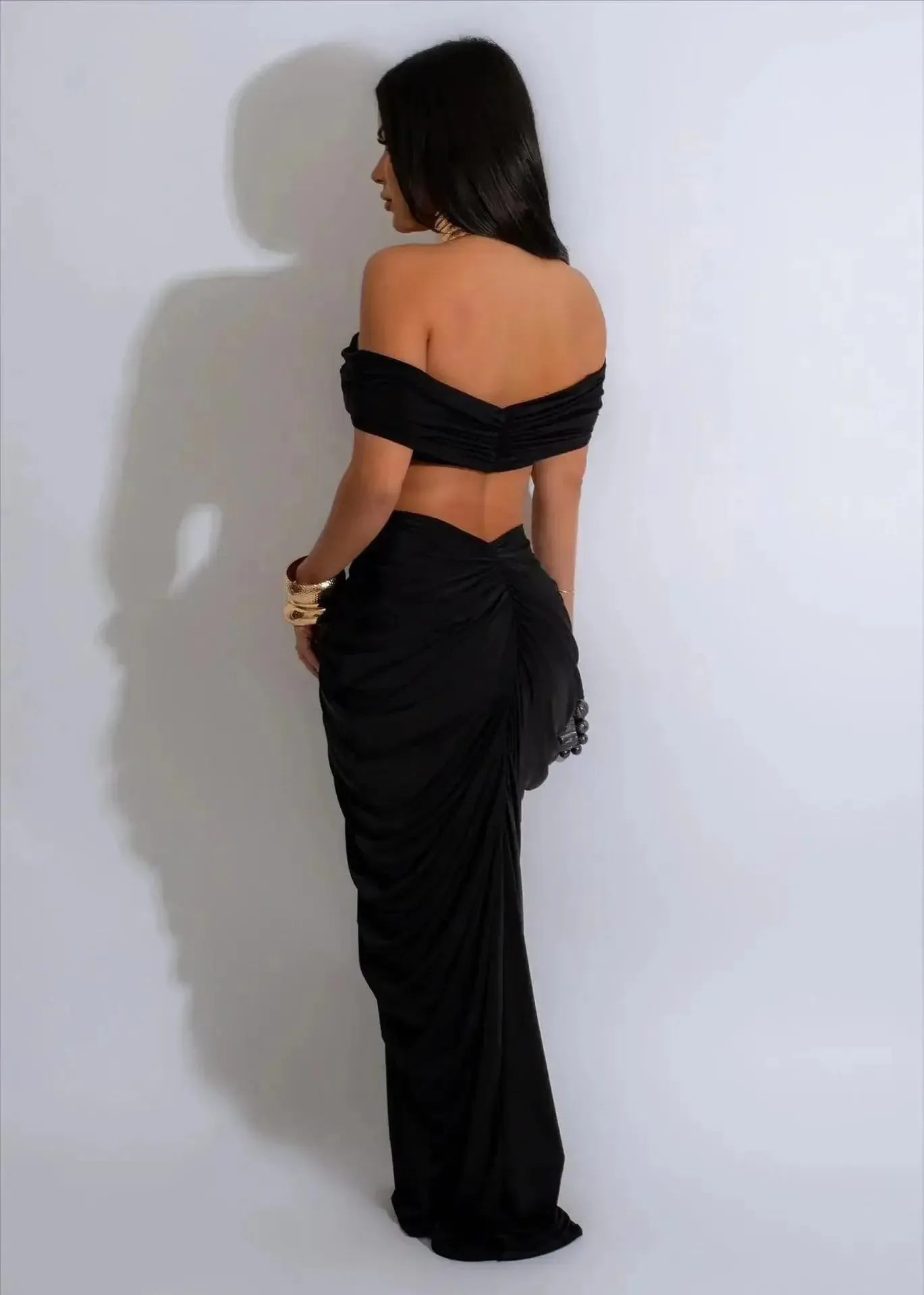 2024 Sexy Stacked Ruched Set Off Shoulder Crop Top Low Waist Maxi Skirt Party Dress