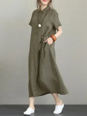 2024 Summer Cotton Linen Vintage Casual Loose Mid-length Maxi Dress