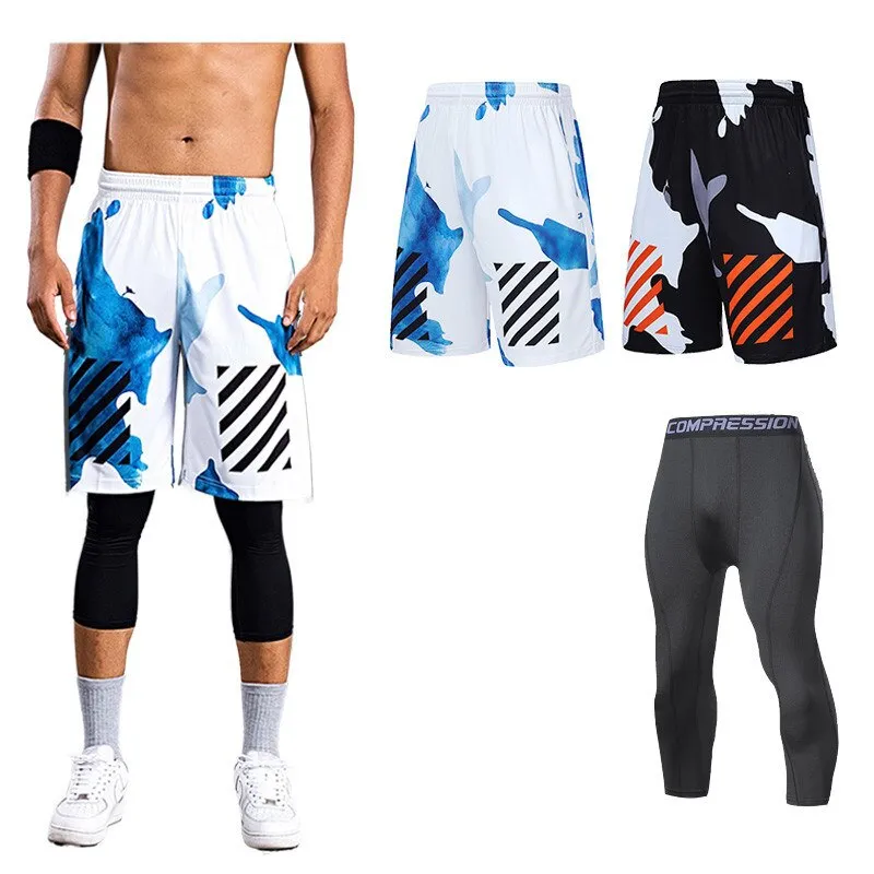 2pcs Set Men Running Compression Sport Pant Suit Basketball Jersey Sweatpants for Youngster Male Workout Elastic Leggings Shorts