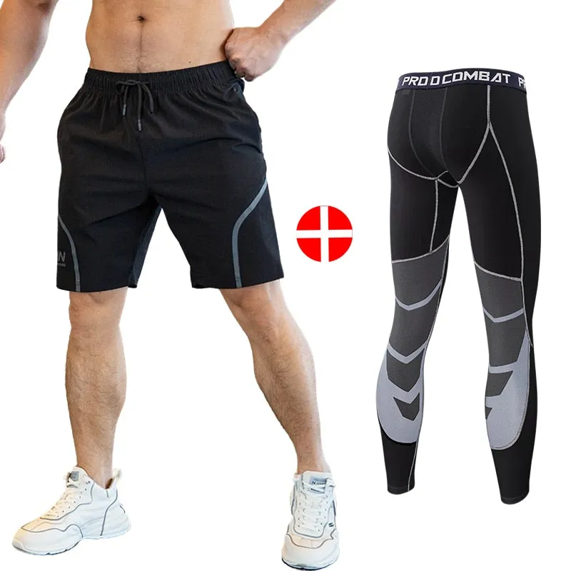 2pcs Set Men Running Compression Sweatpants Gym Jogging Leggings Basketball Football Shorts Fitness Clothes Tight Sport Pants v1