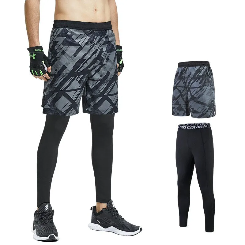 2pcs Set Men Running Compression Sweatpants Gym Jogging Leggings Basketball Football Shorts Fitness Clothes Tight Sport Pants v1