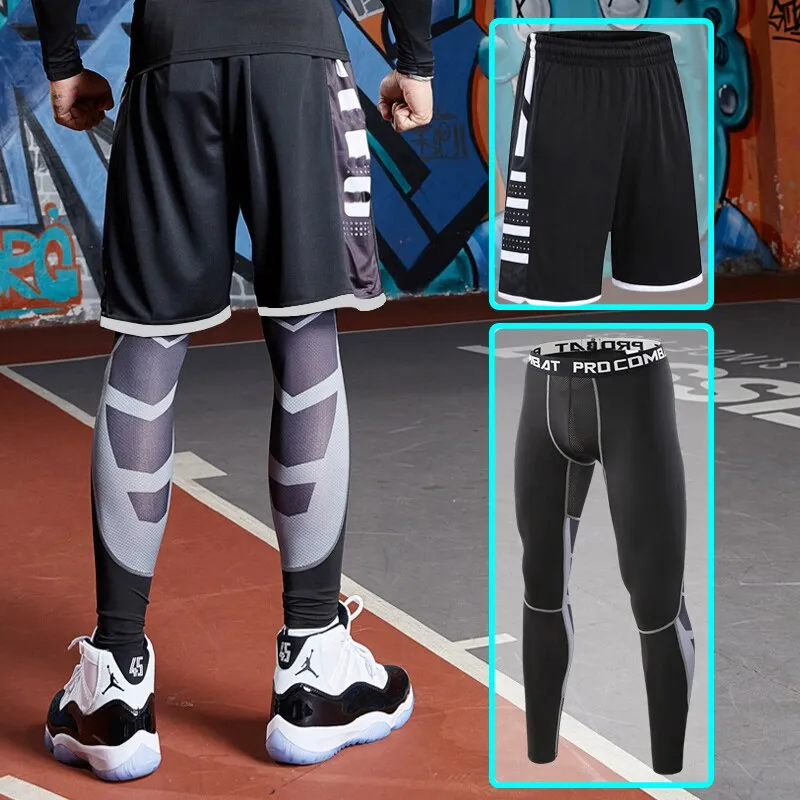 2pcs Set Men Running Compression Sweatpants Gym Jogging Leggings Basketball Football Shorts Fitness Clothes Tight Sport Pants v1