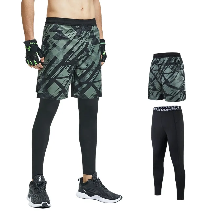 2pcs Set Men Running Compression Sweatpants Gym Jogging Leggings Basketball Football Shorts Fitness Clothes Tight Sport Pants v2