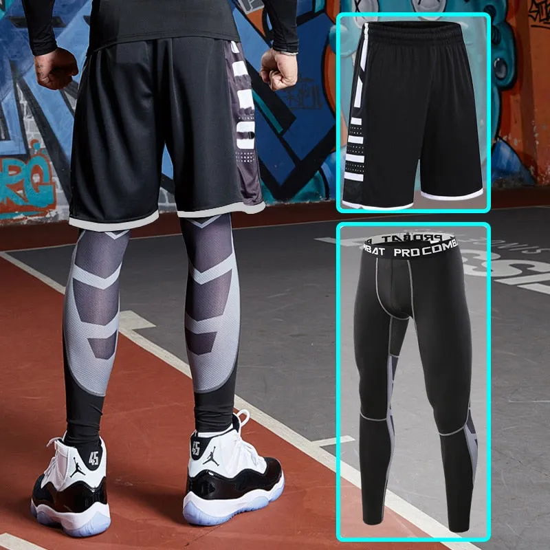 2pcs Set Men Running Compression Sweatpants Gym Jogging Leggings Basketball Football Shorts Fitness Clothes Tight Sport Pants v2