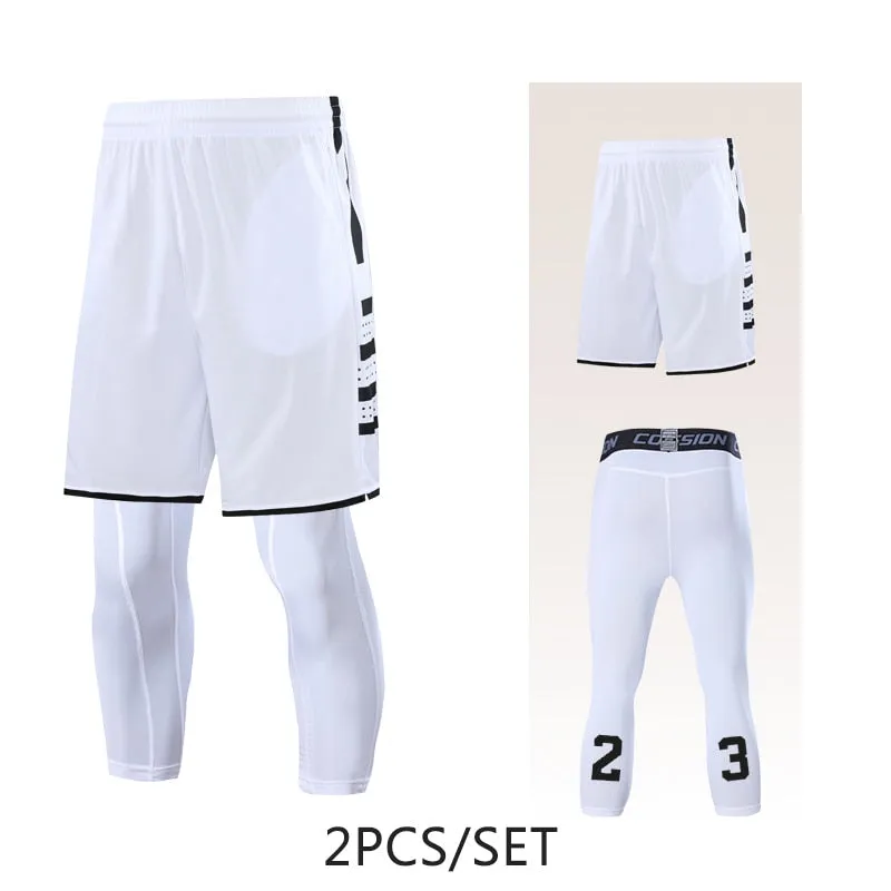 2pcs Set Men Running Shorts Leggings Fitness Compression Sweatpants Gym Jogging Outdoor Sport Basketball Football Clothes v1