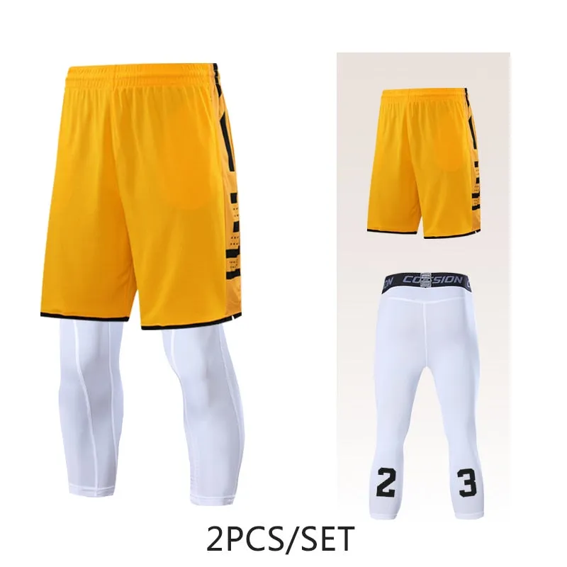 2pcs Set Men Running Shorts Leggings Fitness Compression Sweatpants Gym Jogging Outdoor Sport Basketball Football Clothes v1