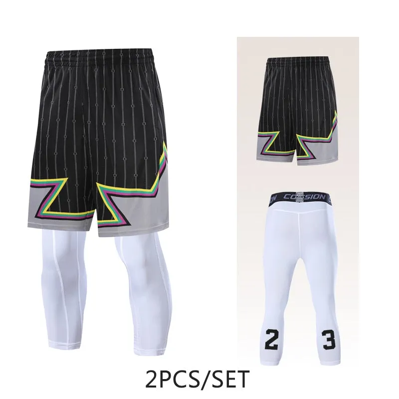 2pcs Set Men Running Shorts Leggings Fitness Compression Sweatpants Gym Jogging Outdoor Sport Basketball Football Clothes v2