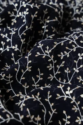 3 Meter Cut Piece Of White Thread With Gold Sequins Leafy Embroidery On Navy Blue Georgette Fabric