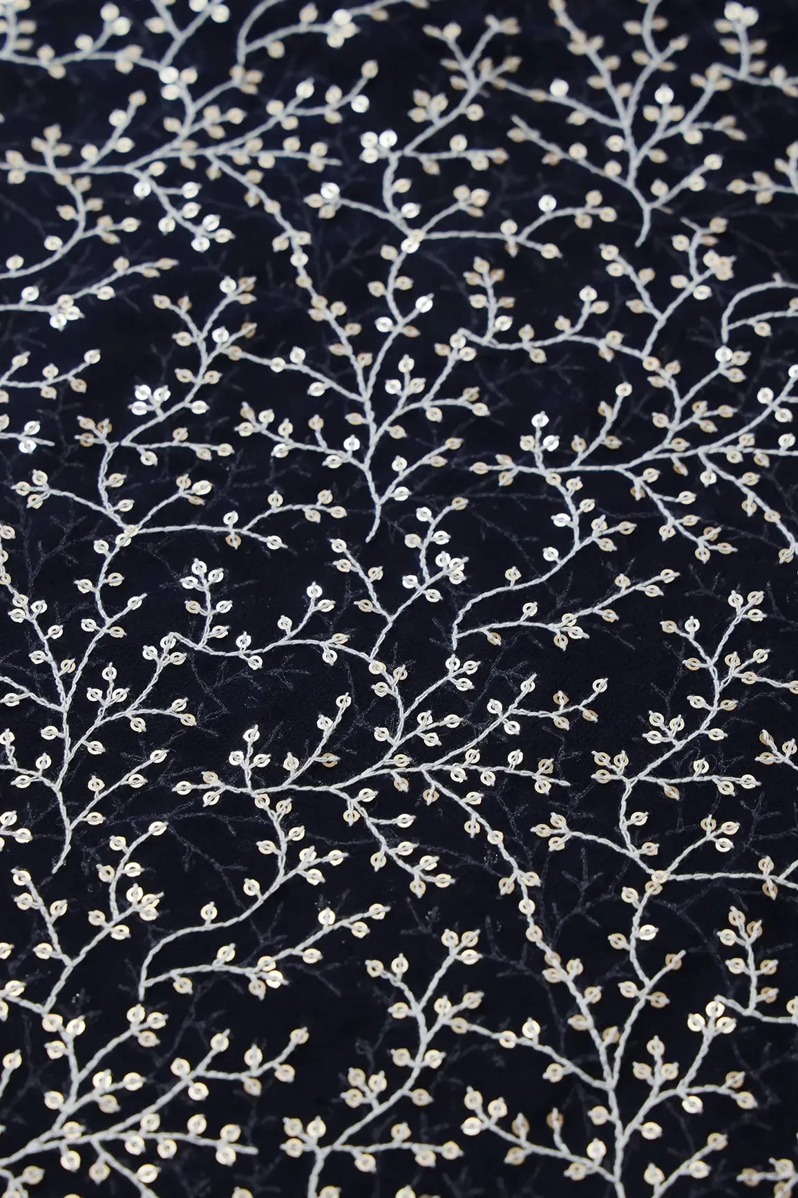 3 Meter Cut Piece Of White Thread With Gold Sequins Leafy Embroidery On Navy Blue Georgette Fabric