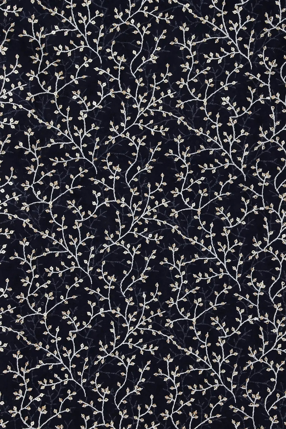 3 Meter Cut Piece Of White Thread With Gold Sequins Leafy Embroidery On Navy Blue Georgette Fabric