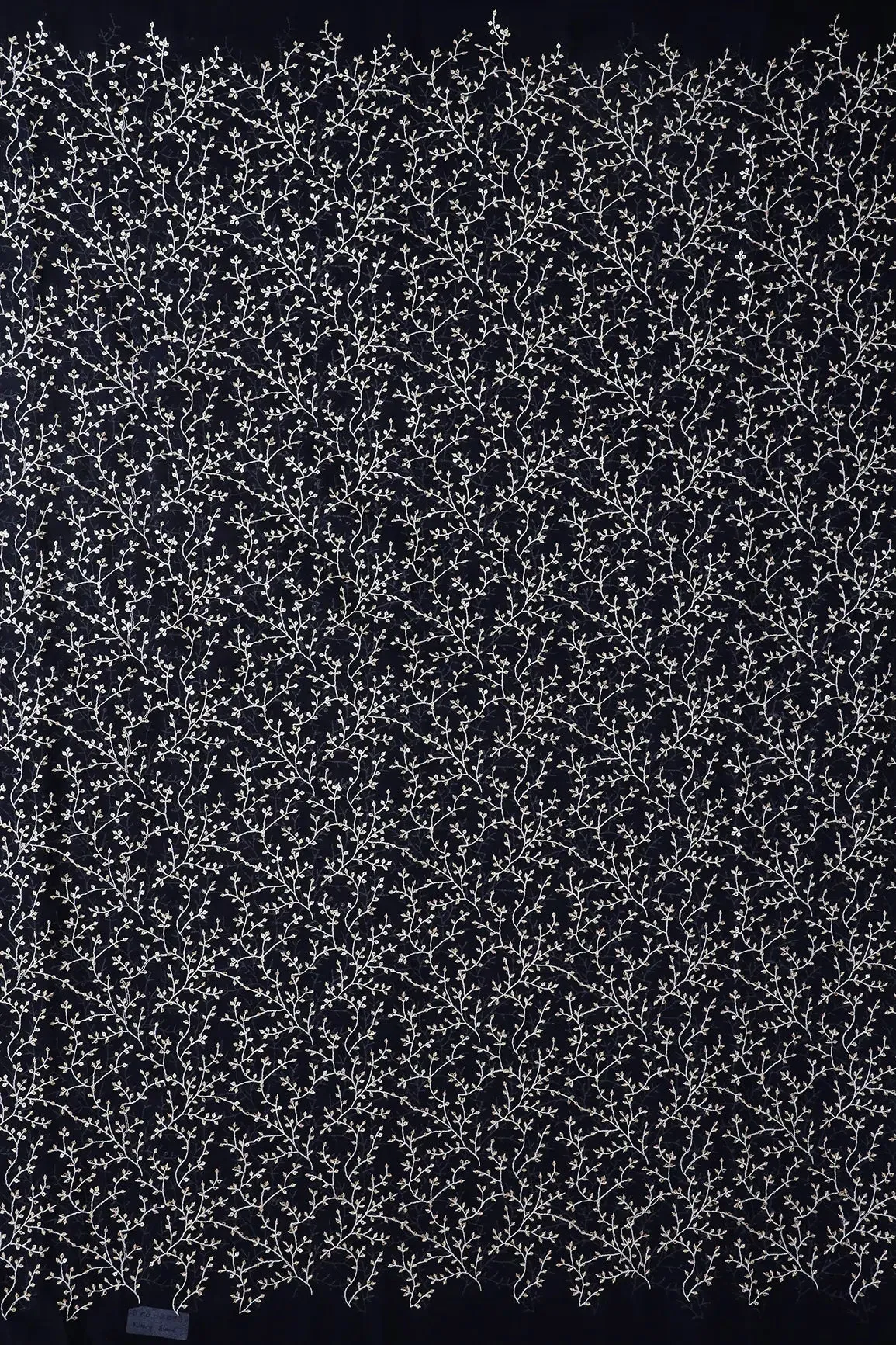 3 Meter Cut Piece Of White Thread With Gold Sequins Leafy Embroidery On Navy Blue Georgette Fabric