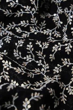 3.90 Meter Cut Piece Of White Thread With Gold Sequins Leafy Embroidery On Black Georgette Fabric