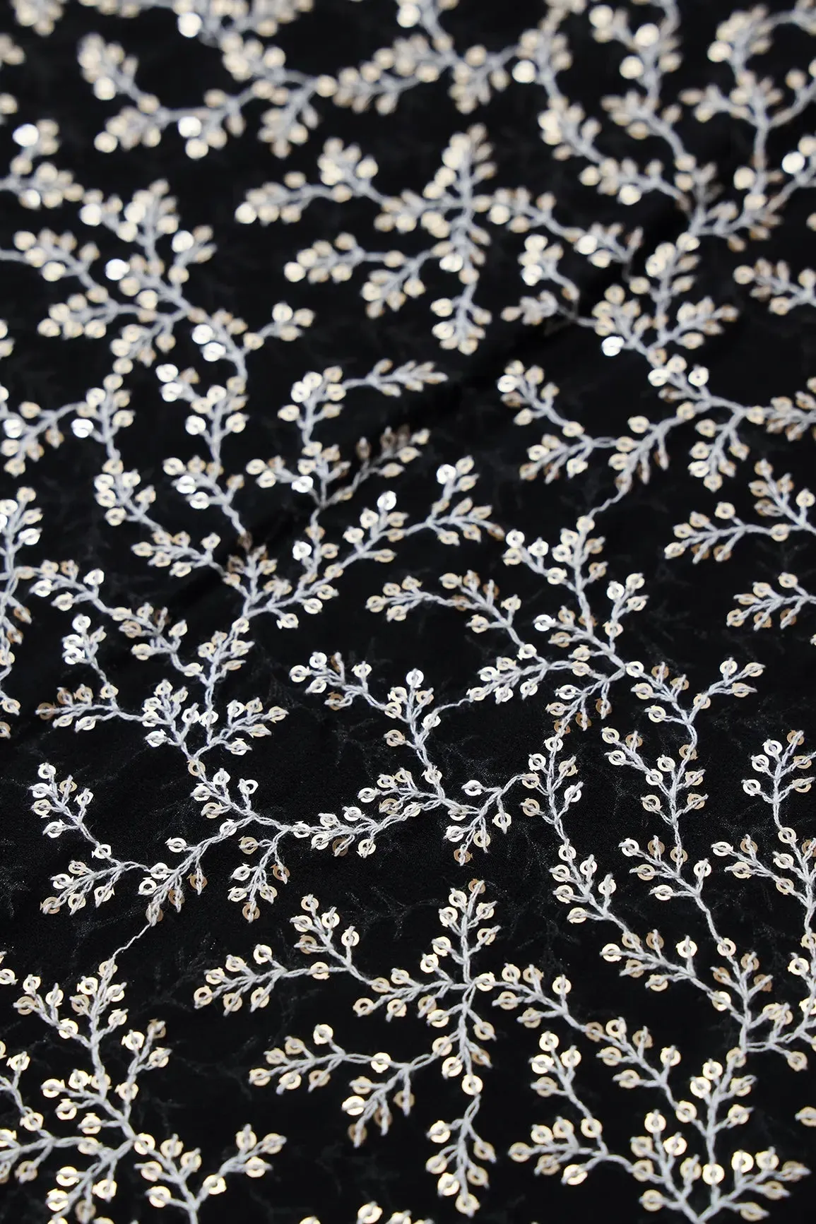 3.90 Meter Cut Piece Of White Thread With Gold Sequins Leafy Embroidery On Black Georgette Fabric