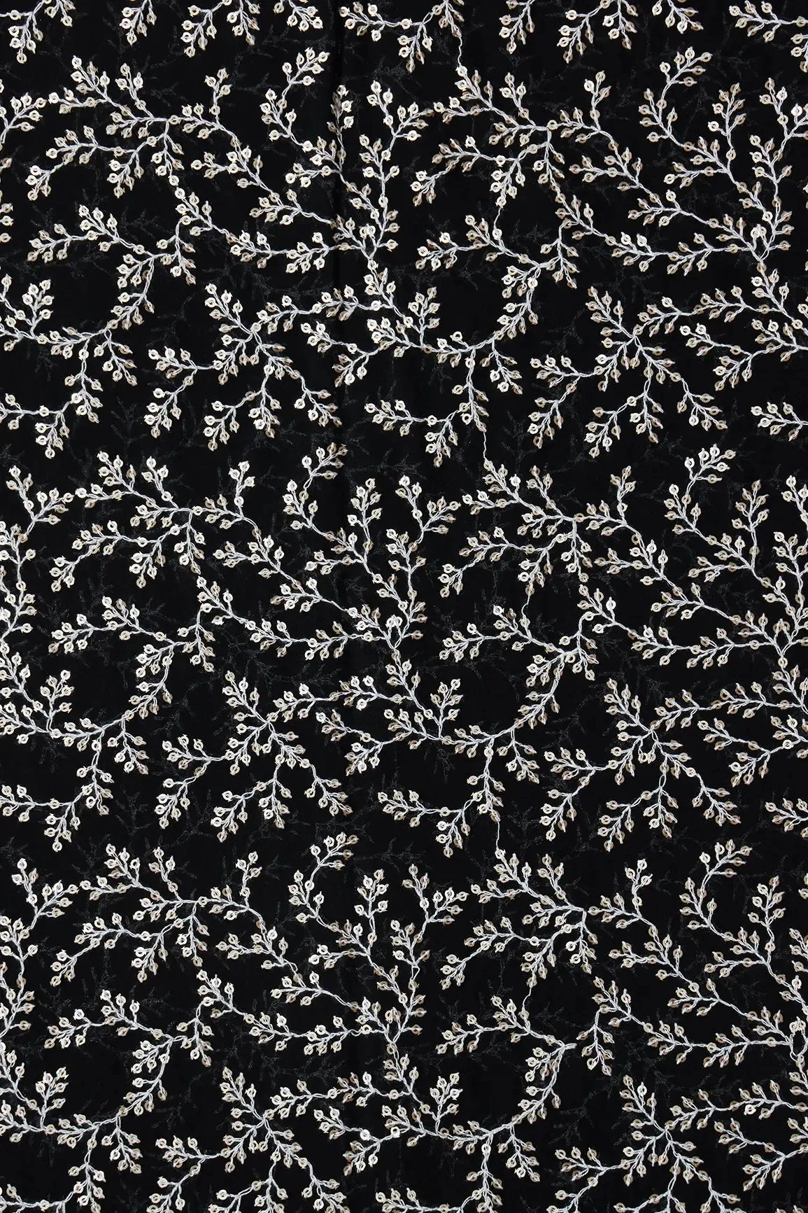 3.90 Meter Cut Piece Of White Thread With Gold Sequins Leafy Embroidery On Black Georgette Fabric