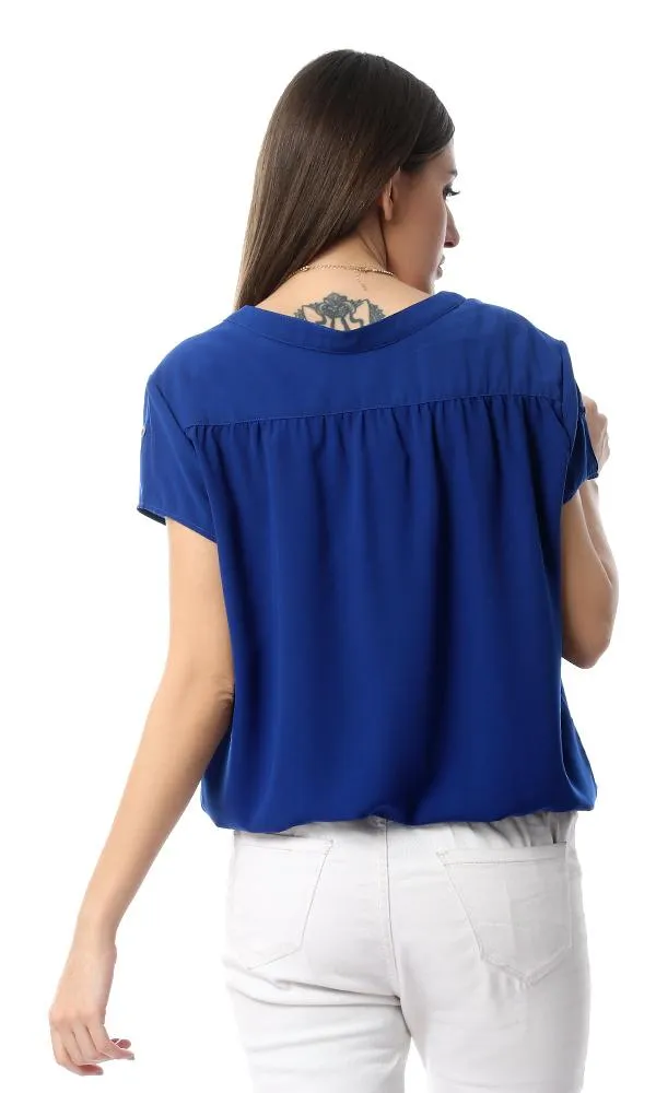 54412 Royal Blue Fluffy Short Sleeve Buttons-Up Shirt