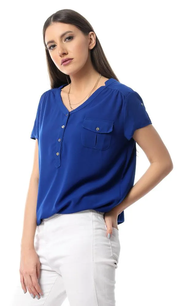 54412 Royal Blue Fluffy Short Sleeve Buttons-Up Shirt