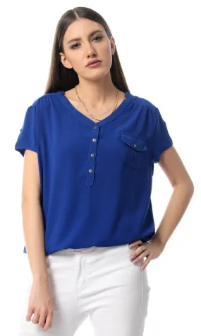 54412 Royal Blue Fluffy Short Sleeve Buttons-Up Shirt