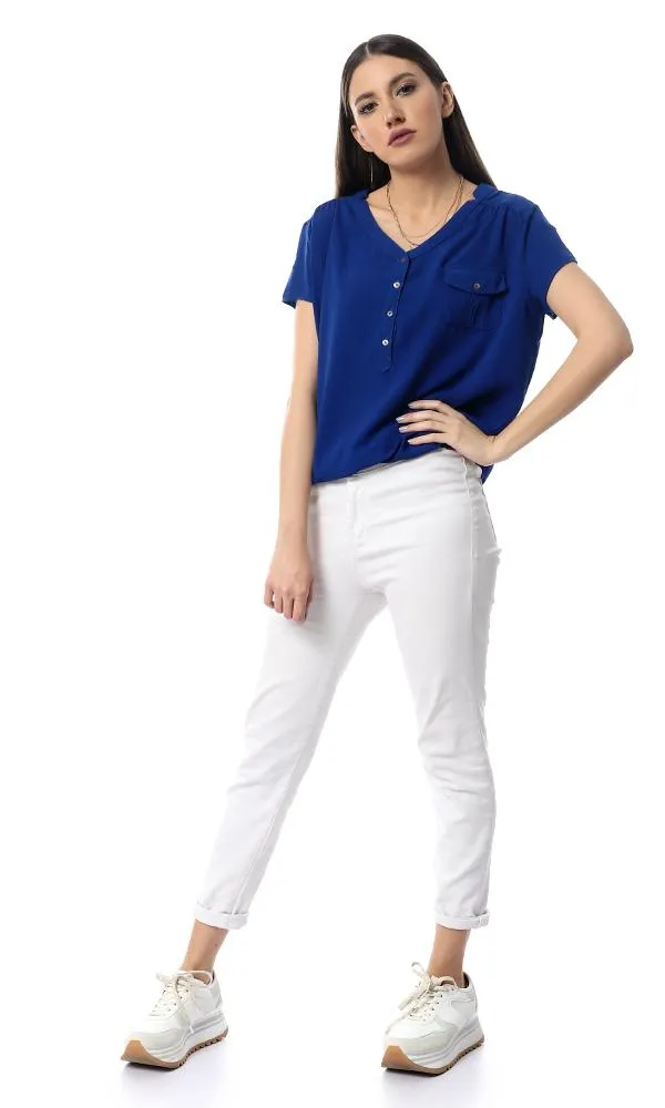 54412 Royal Blue Fluffy Short Sleeve Buttons-Up Shirt