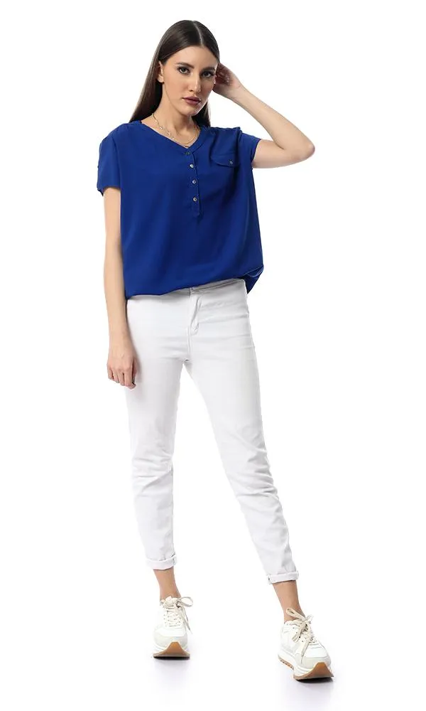 54412 Royal Blue Fluffy Short Sleeve Buttons-Up Shirt