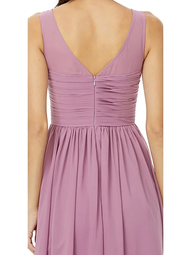 A-Line Bridesmaid Dress Jewel Neck Sleeveless Open Back Floor Length Chiffon with Sash / Ribbon / Pleats / Ruched