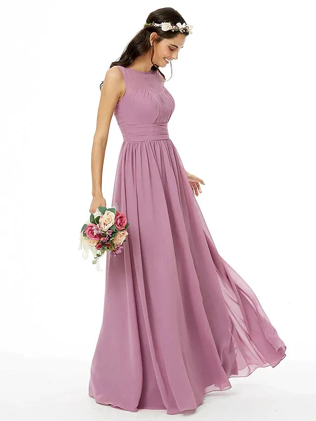 A-Line Bridesmaid Dress Jewel Neck Sleeveless Open Back Floor Length Chiffon with Sash / Ribbon / Pleats / Ruched