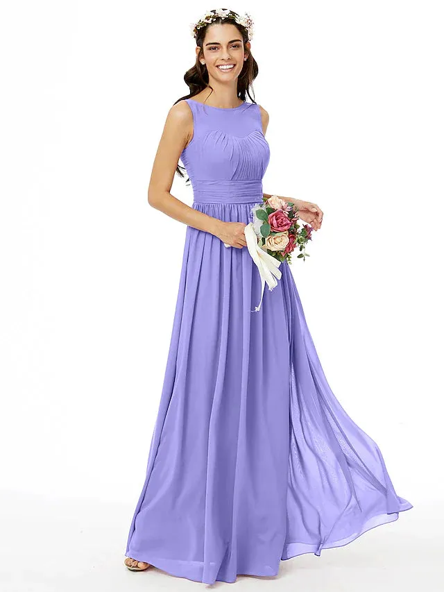 A-Line Bridesmaid Dress Jewel Neck Sleeveless Open Back Floor Length Chiffon with Sash / Ribbon / Pleats / Ruched