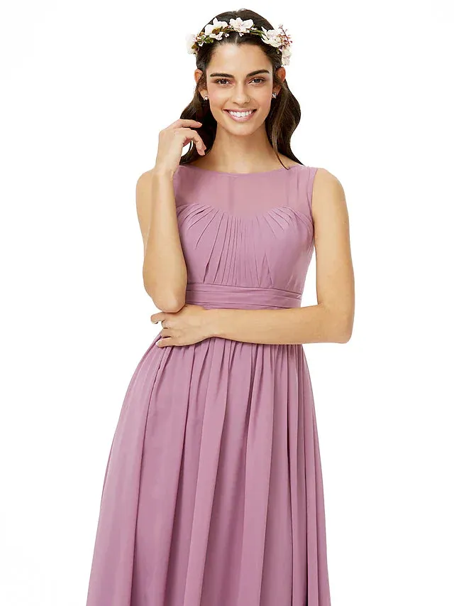 A-Line Bridesmaid Dress Jewel Neck Sleeveless Open Back Floor Length Chiffon with Sash / Ribbon / Pleats / Ruched