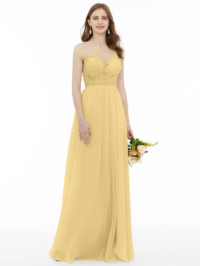 A-Line Bridesmaid Dress  Neck Sleeveless  Detail Floor Length Chiffon   Floral  Lace with Sash  Ribbon  Appliques