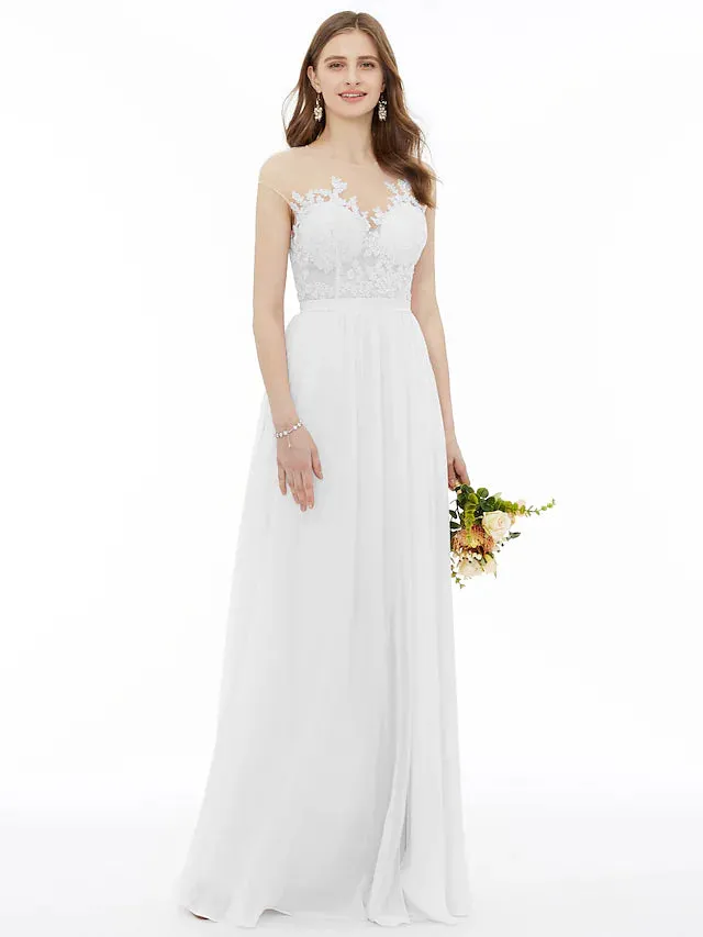 A-Line Bridesmaid Dress  Neck Sleeveless  Detail Floor Length Chiffon   Floral  Lace with Sash  Ribbon  Appliques