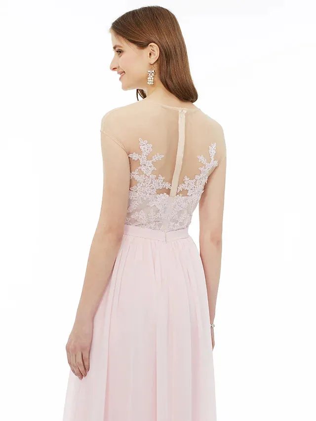 A-Line Bridesmaid Dress  Neck Sleeveless  Detail Floor Length Chiffon   Floral  Lace with Sash  Ribbon  Appliques