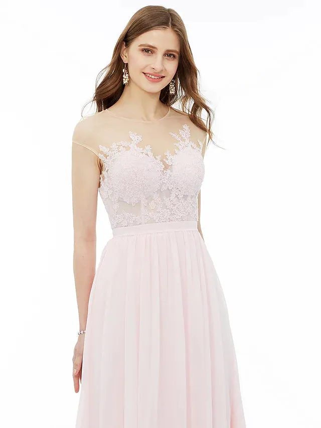 A-Line Bridesmaid Dress  Neck Sleeveless  Detail Floor Length Chiffon   Floral  Lace with Sash  Ribbon  Appliques