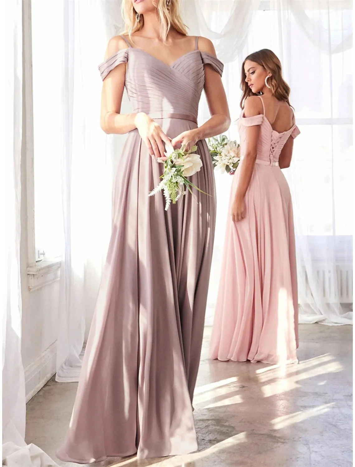 A-Line Bridesmaid Dress Off Shoulder Sleeveless Pink Floor Length Chiffon with Sash / Ribbon / Ruching