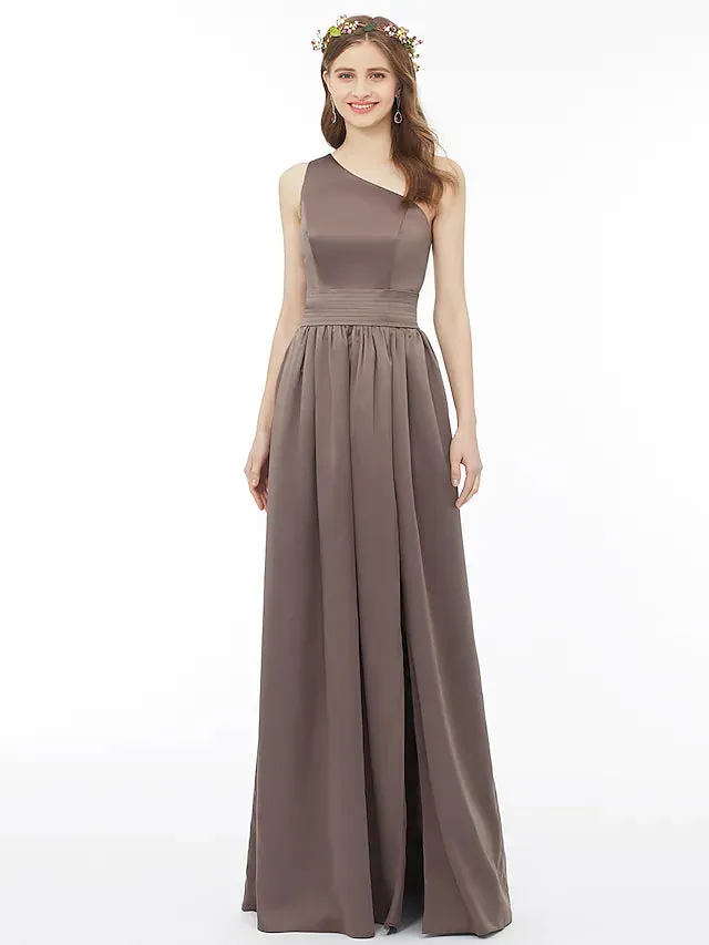 A-Line Bridesmaid Dress One Shoulder Sleeveless Floor Length Chiffon with Sash  Ribbon  Pleats  Split Front