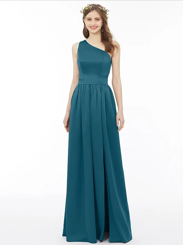 A-Line Bridesmaid Dress One Shoulder Sleeveless Floor Length Chiffon with Sash  Ribbon  Pleats  Split Front