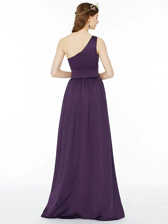 A-Line Bridesmaid Dress One Shoulder Sleeveless Floor Length Chiffon with Sash  Ribbon  Pleats  Split Front