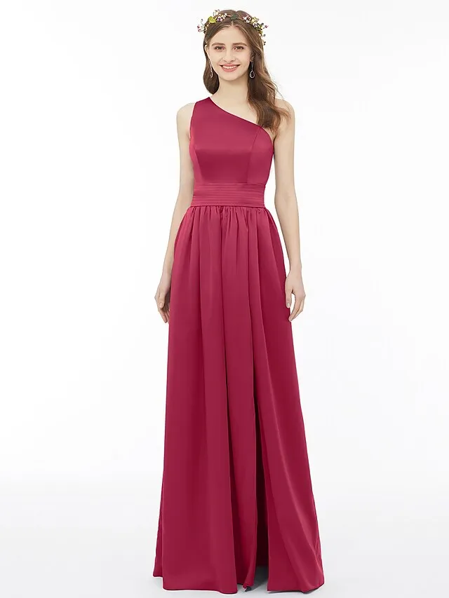 A-Line Bridesmaid Dress One Shoulder Sleeveless Floor Length Chiffon with Sash  Ribbon  Pleats  Split Front