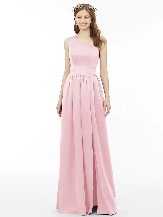 A-Line Bridesmaid Dress One Shoulder Sleeveless Floor Length Chiffon with Sash  Ribbon  Pleats  Split Front