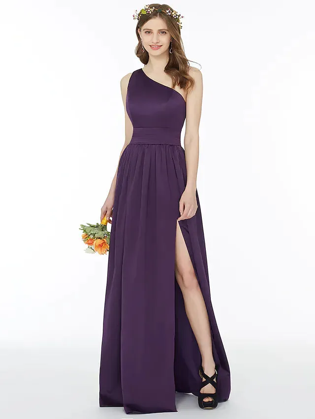 A-Line Bridesmaid Dress One Shoulder Sleeveless Floor Length Chiffon with Sash  Ribbon  Pleats  Split Front