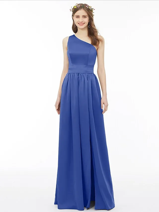 A-Line Bridesmaid Dress One Shoulder Sleeveless Floor Length Chiffon with Sash  Ribbon  Pleats  Split Front