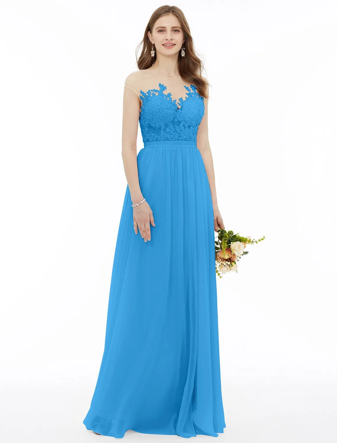 A-Line Bridesmaid Dress Sleeveless Floor Length Chiffon Floral Lace Sash Ribbon Appliques