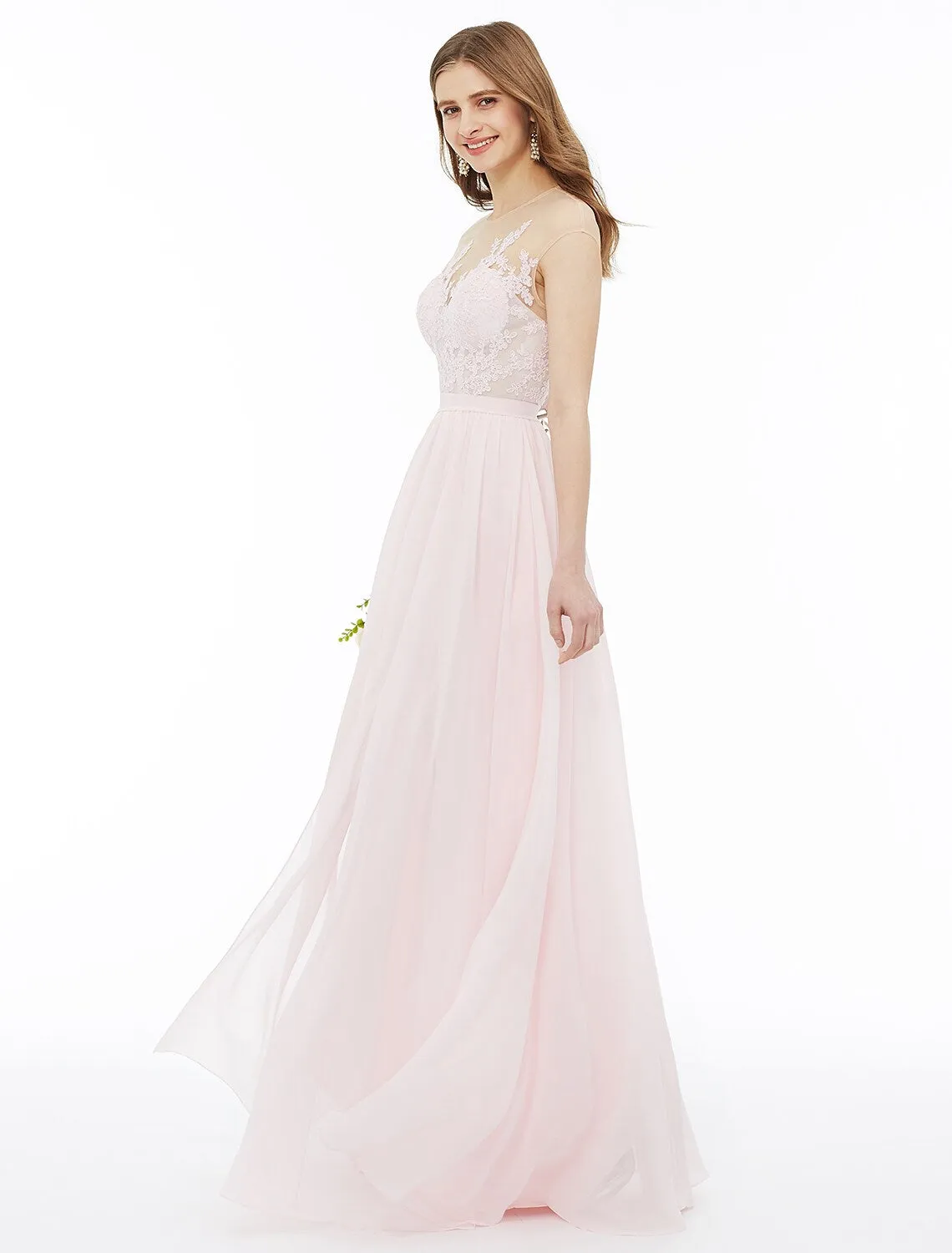 A-Line Bridesmaid Dress Sleeveless Floor Length Chiffon Floral Lace Sash Ribbon Appliques