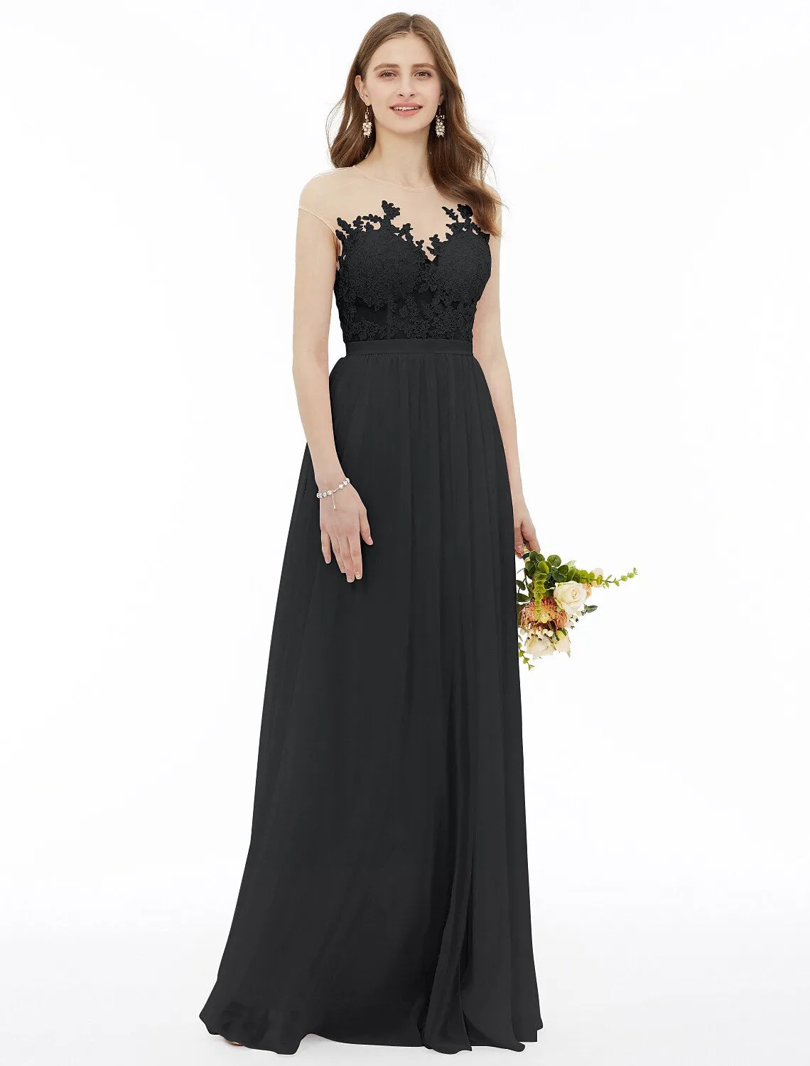 A-Line Bridesmaid Dress Sleeveless Floor Length Chiffon Floral Lace Sash Ribbon Appliques